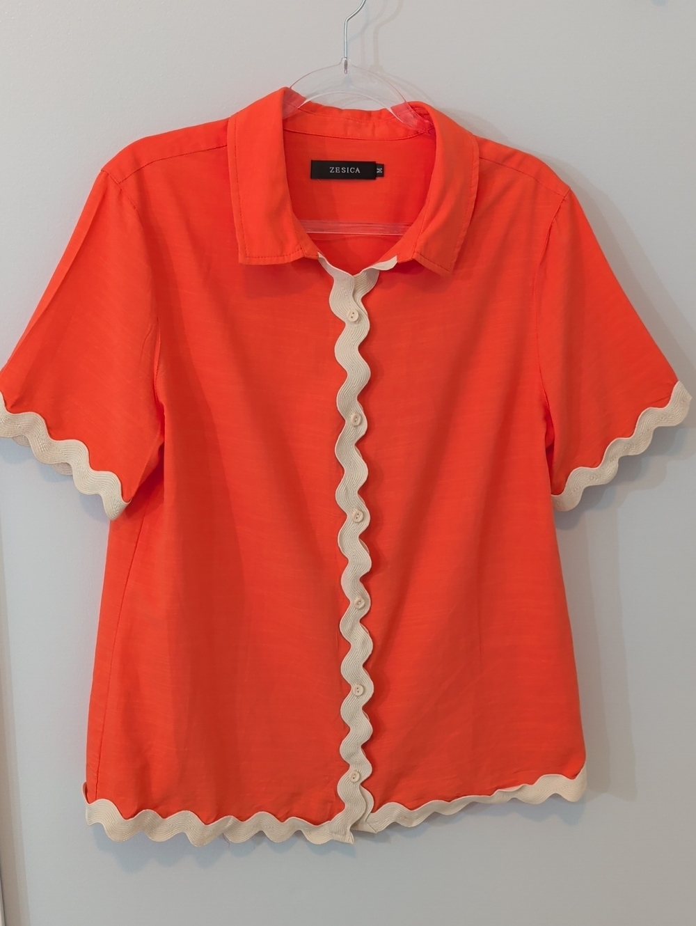 Zesica Orange Short-Sleeve Button Front Top Scallop Rick Rack Trim M
